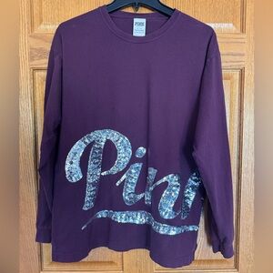 Victoria’s Secret PINK Oversized Long Sleeve Tee Plum Sequin Logo Medium